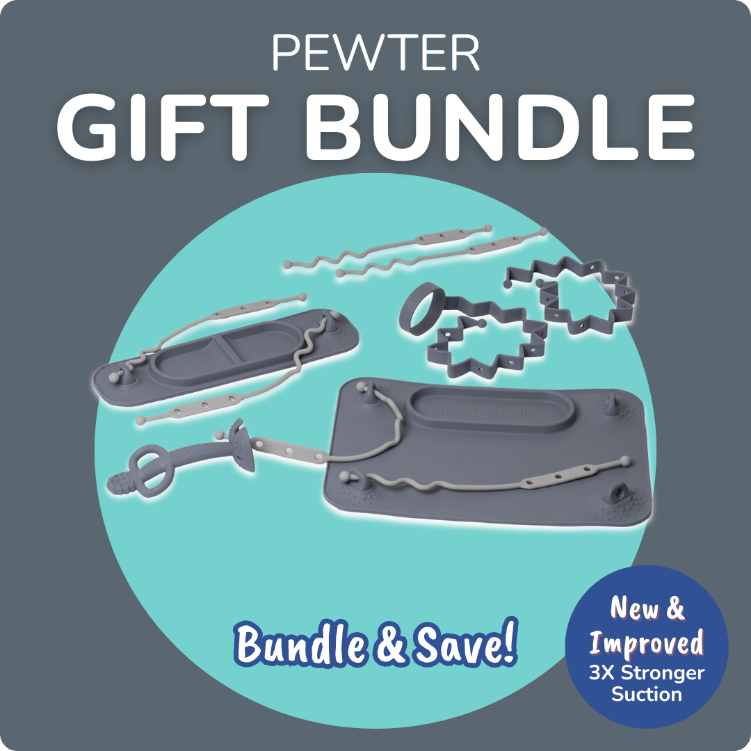 Pewter Baby Shower Gift Set | Busy Baby Mat, Teething Spoon, and