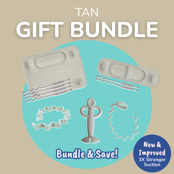 Tan gift bundle with the Busy Baby Mat, Mini Mat, Teething Spoon, Toy Bungee and Bottle Bungee - new design with 3x stronger suction