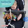 Baby in stroller with toy bungee holding toys, text 'Keeps Baby's Toys within reach and off the ground'.