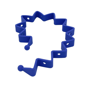 A blue silicone pancake mold shaped in a zigzag pattern, resembling an abstract maple leaf outline, with rounded ends and holes along its body, makes a perfect addition to the Busy Baby Toy Bungee & Tether by Busy Baby Mat as a versatile parenting accessory.